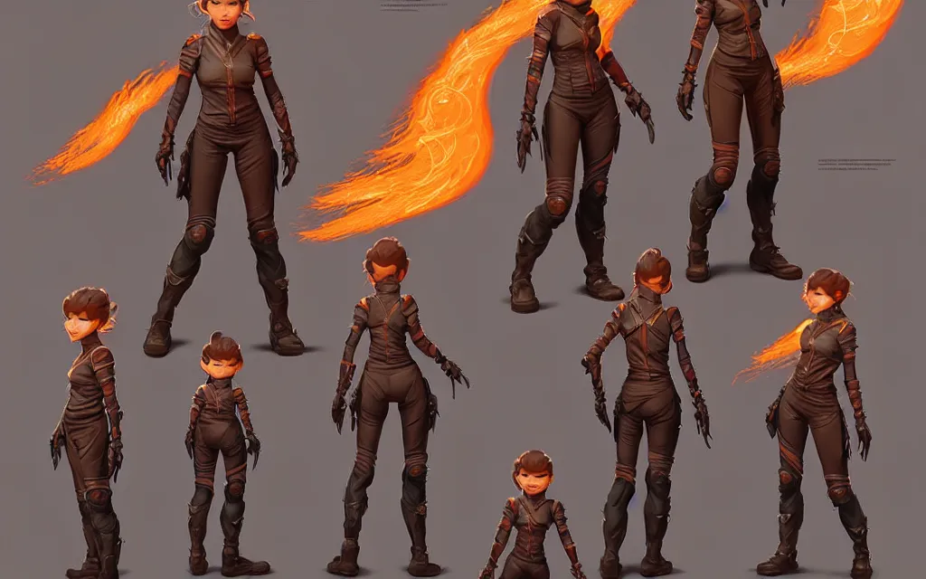 Prompt: weta disney pixar character sheet of 🏍 kata : : flames : : multiple costumes : : by weta, greg rutkowski, wlop, ilya kuvshinov, rossdraws, artgerm, marvel, unreal engine, bright morning, anime