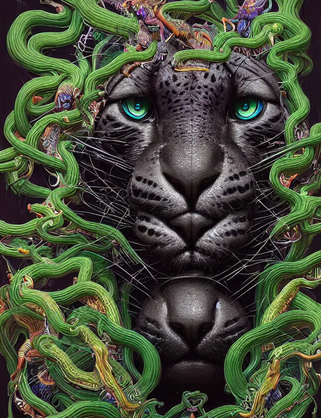 Prompt: a 3 d jaguar - goddess wide angle portrait with obsidian black fur and piercing eyes. beautiful intricately detailed face. vibrant hummingbirds, jungle creatures, vines, mycelium, pulse projections, shipibo patterns, plasma, artwork by tooth wu and android jones wlop and android jones and beeple and greg rutkowski