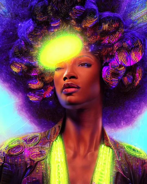 Image similar to a powerful energy psychedelic matrix afro american woman, by alexander fedosav, hyper detailed digital matte painting, concept art, hyperrealism, 1 6 k resolution, cinema 4 d, 8 k resolution, trending on artstation, behance hd, a masterpiece, by stephan martiniere, particles, cel - shaded, power bright neon energy, by david a. hardy