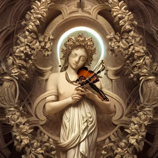 Prompt: beautiful classical holy decorative ornament, sacred violin, all - seeing eye, acanthus scrolls, lilies, ivy, anatomy, energy, geometry, magnolia, bones, petals, stems, ceremonial clouds, dripping paint, fibonacci rhythm, artstation, art germ, wlop