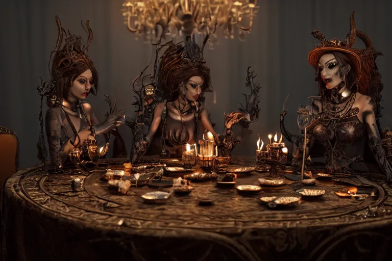 Image similar to dark witches sitting at a table doing a ritual. Ornate details, award winning. Octane render, 4k, 8k, unreal 5, very detailed, hyper control-realism, trending on artstation.”