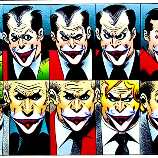 Image similar to drawing of 1 4 tiny jokers all in the mouth of gotham city's finest investigative reporter jack ryder, 4 k art by brian bolland, graphic novel art