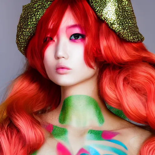 Image similar to japanese model with maximalist hair style and makeup, bright colors, fashion model, portrait shot, glitter, depth of field, 8 k, hyper detailed, intricate, trending on artstation