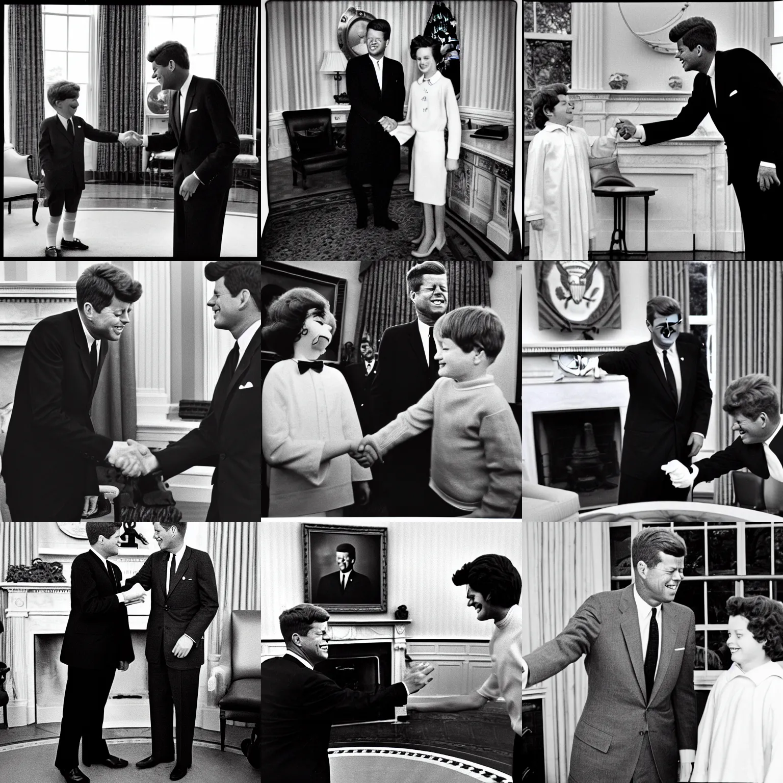 Prompt: John F. Kennedy greets an Ronald McDonald in the White House oval office 1960, monochrome, instagram, trending, photograph, film grain and noise