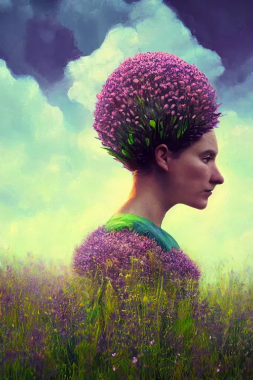 Image similar to closeup, giant flower head mohawk, woman in heather field, surreal photography, starlight, storm clouds, impressionist painting, digital painting, artstation, simon stalenhag