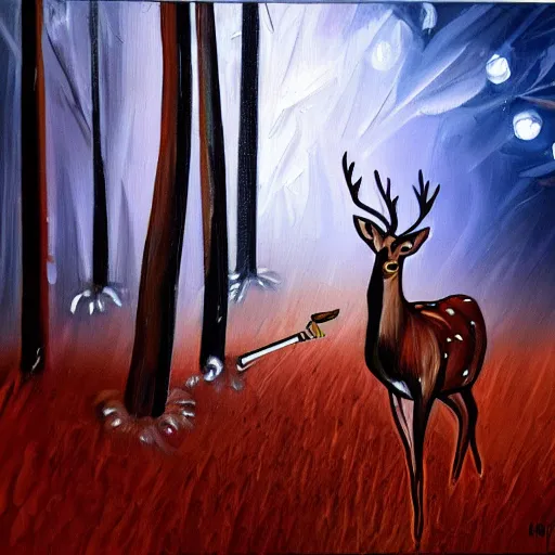 Image similar to deer smoking a cigarette at night, stylized, artistic, expressive, oil on canvas, thick paint brush strokes