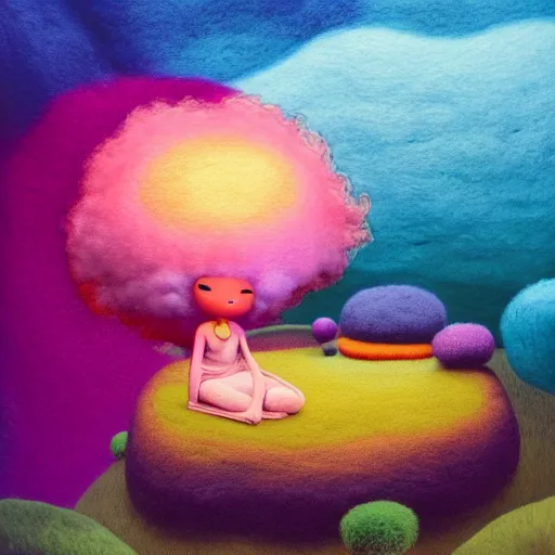 Image similar to a black girl with a colorful afro and big colorful eyes meditating in an african zen garden at sunset, bright colours, bokeh!!, watercolor, volumetric wool felting, macro photography, children illustration, by goro fujita