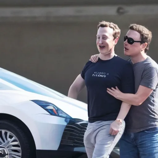 Prompt: elon musk on mark zuckerberg's back, holding on for dear life. cinematic 8 k, depth of field.