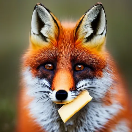 Prompt: award winning portrait of Ka fox eating cheese, on the cover of a magazine,, soft focus, f1.2,