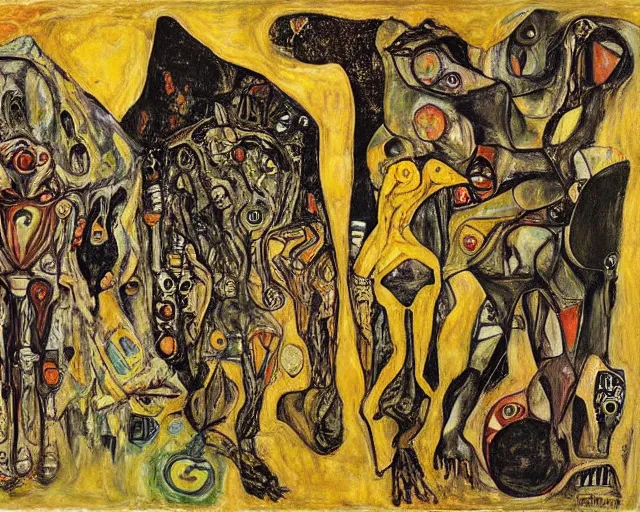 Image similar to a painting of a aliens and robots by graham sutherland, egon schiele, gustav klimt, expressionism