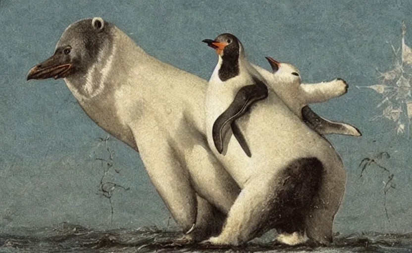 Image similar to A penguin riding a polar bear, in an epic medieval battle