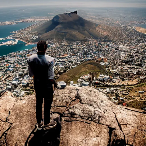 Prompt: cinematic still of 33 year old slender mixed south African man with glasses and trimmed beard standing on Table Mountain in Capetown, epic directed by Steven Spielberg