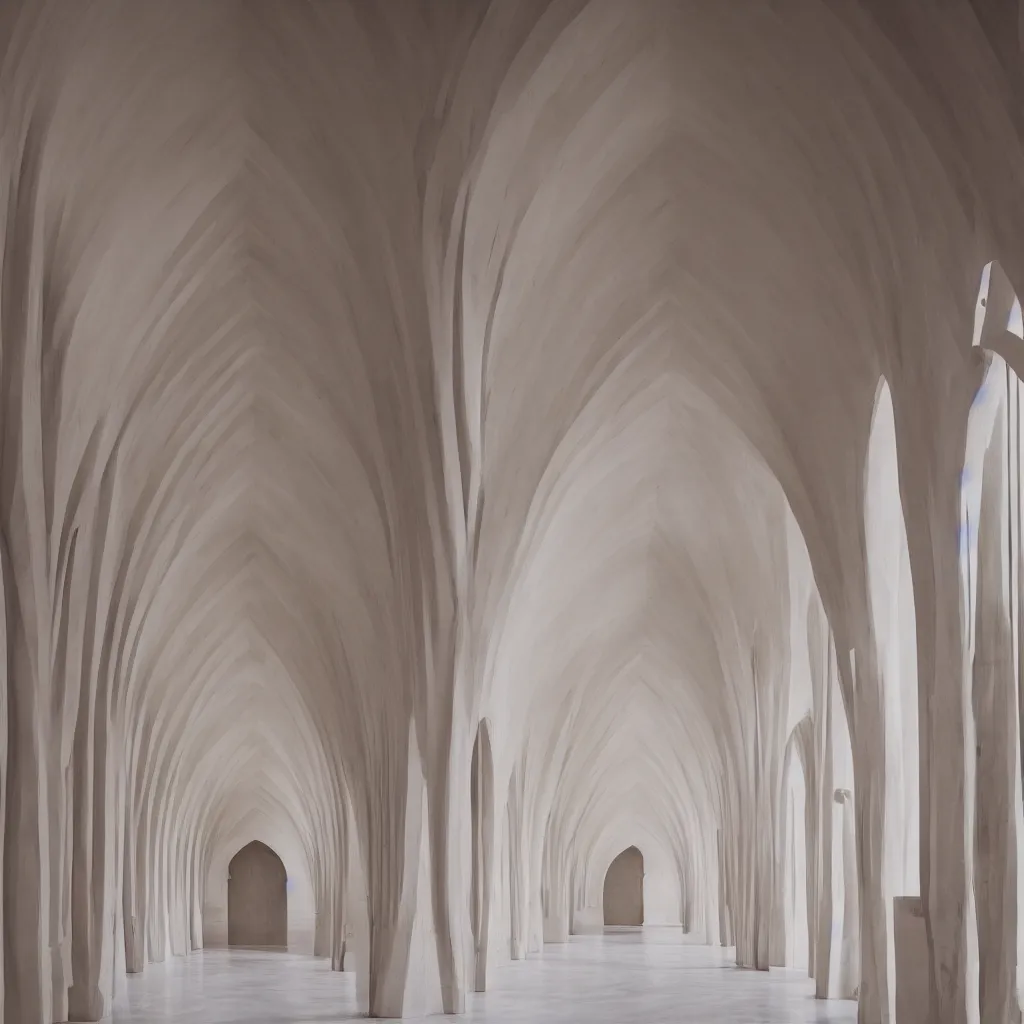 Prompt: photograph of a symmetrical hallway with multiple arches, pastel hues, minimalist, architecture magazine, dezeen, 50mm, pentax, film