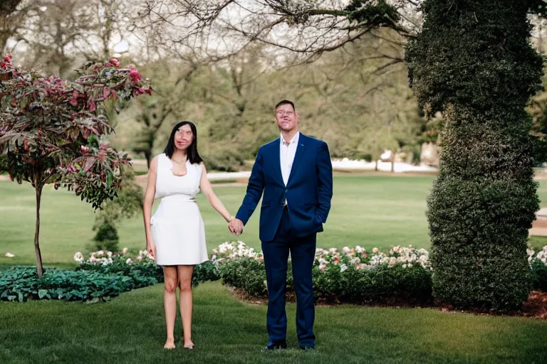 Image similar to beautiful 3 5 year old female president alone in the white house rose garden with her two boyfriends, holding hands, professional photo, dslr, bokeh, romantic