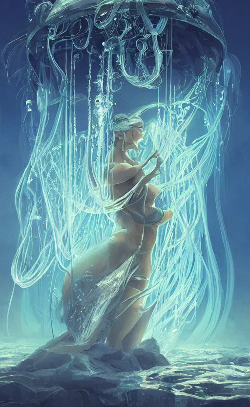 Prompt: Panorama hyper detailed painting of a cyberpunk jellyfish, blue tones, underwater, 8 mm, highly detailed, digital painting, artstation, concept art, smooth, sharp focus, illustration, art by artgerm and greg rutkowski and alphonse mucha