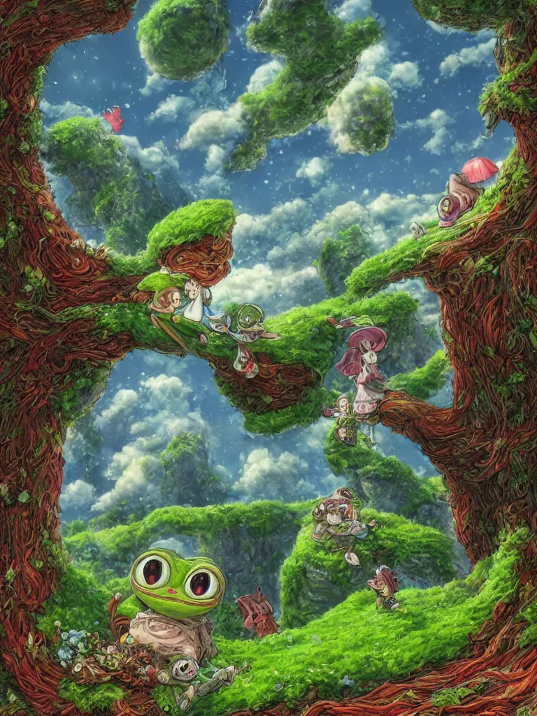 Prompt: high resolution 4k happiness of pepe love and family worlds of love and joy the of field of eternal fortunes made in abyss design Tony DiTerlizzi ivory dream like storybooks pepe the frog happy alone in a field sitting wholesome soft and warm the value of love a clear prismatic sky, red woods Canopy love, warm ,Luminism, prismatic , fractals , pepe the frog , art in the style of Tony DiTerlizzi , Francisco de Goya and Akihito Tsukushi and Gustave dore and Arnold Lobel