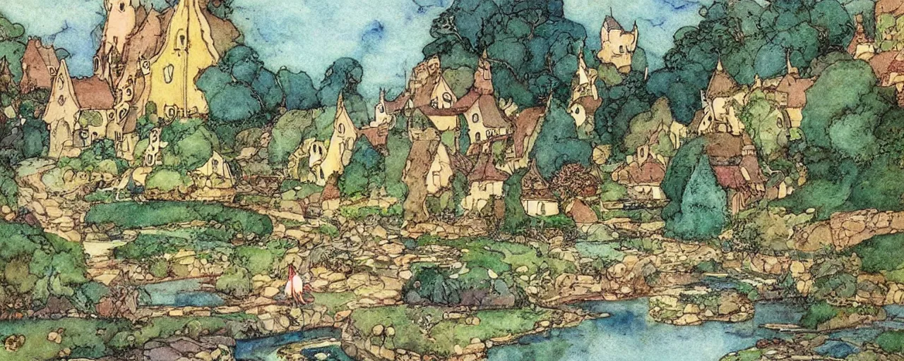 Image similar to a river running through a medieval village, summer, beautiful colors, by warwick goble, kay nielsen, award winning, highly detailed