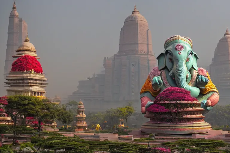 Image similar to beautiful futuristic new delhi, sharp sci - fi ganesha!! building, kalighat flowers, highly detailed cinematic, stephen shore & john j. park, soft morning light, wide shot, ground angle, uhd 8 k, shallow depth of field