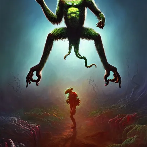 Image similar to a heroic psychedelic ape, hero character art, scars, by chris leib and greg rutkowski and android jones in a vibeant fantasy lovecraftian style, oil on canvas, dramatic lighting, raytracing, 8k, hd.