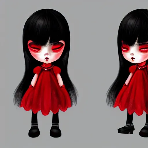 Prompt: the doll girl with bangs hair, black hair long till nose, ultra detailed face, red clothe, by character art, masterpiece, dark art, retro, concept art, soft lighting, sharp focus, 8 k hd resolution, high quality image