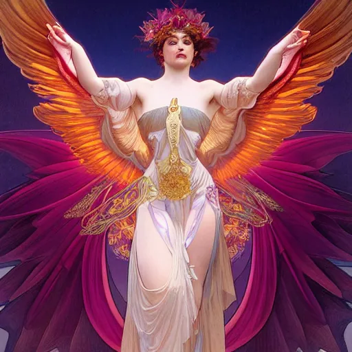 Image similar to a beautiful orchid phoenix angel woman, in an ornamented dress with large wings, volumetric light, god rays, 8 k high resolution, rubies, by alphonse mucha, artgerm, greg rutkowski