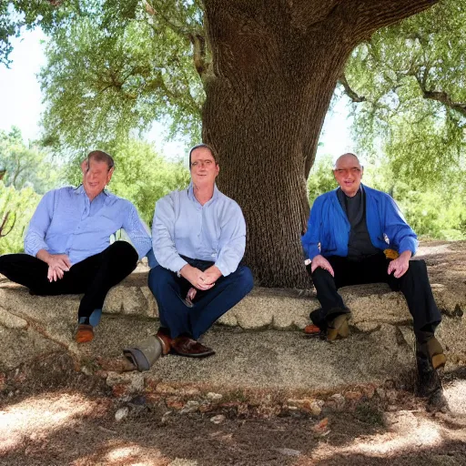 Prompt: 4 men relaxing by an oak tree