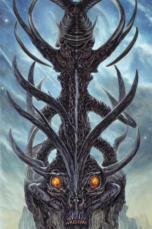 Image similar to baphomet starship!!!!! with antler made with porcelain by jeff easley and peter elson, beautiful eyes and face, symmetry face, galaxy, gothic, surreal, dread, highly detailed, intricate complexity, epic composition, magical atmosphere, masterpiece, award winning, trending on artstation