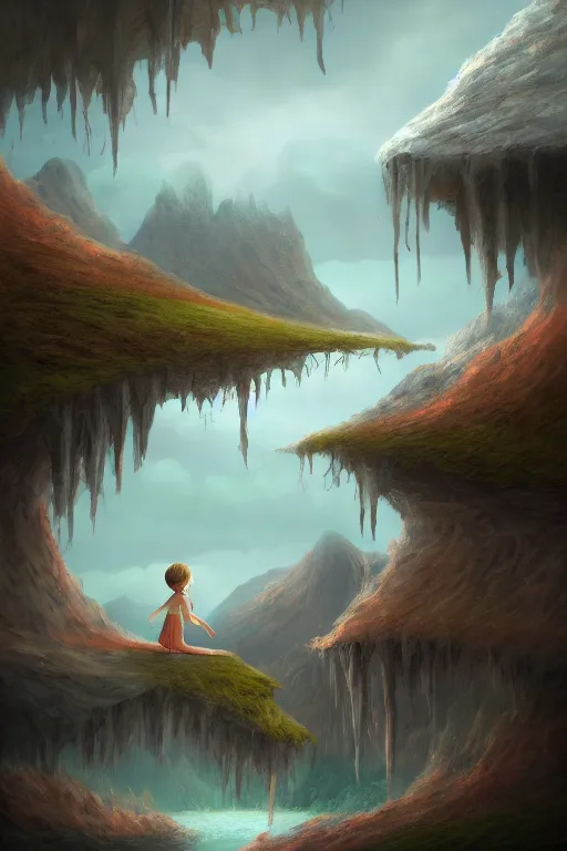 Image similar to matte sharp painting cute little girl surreal landscape painted by mark rydel artstation behance storybook