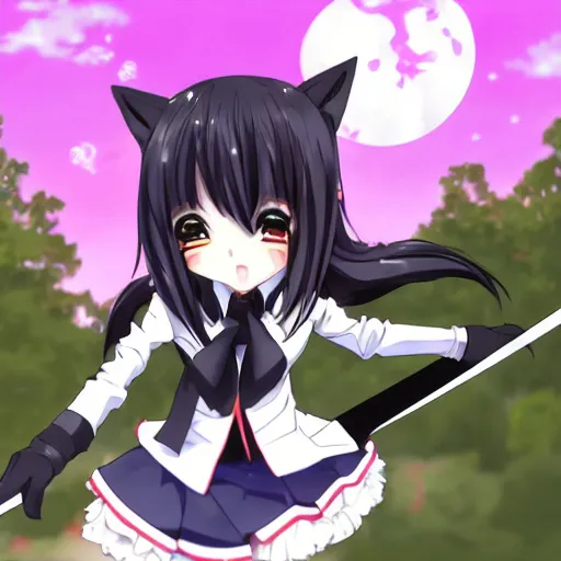 Image similar to Anime Screenshot of a “red-eyed black-haired anime fox girl” wearing black fingerless-gloves, high-waist-black-skirt, white-collared-shirt blue-open-jacket, black-necktie, unsheathing her katana, white background, visual-key, anime illustration, pixiv, anime-twitter