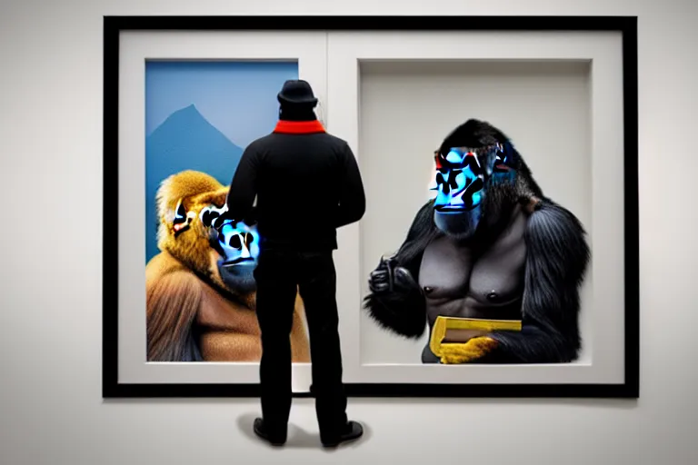 Image similar to Gorilla standing beside a framed illustration of a vividly colored portrait of a man wearing a turtleneck and an admiral’s hat, hyperrealistic, concept art, 8k, artstation, cinematic, volumetric lighting