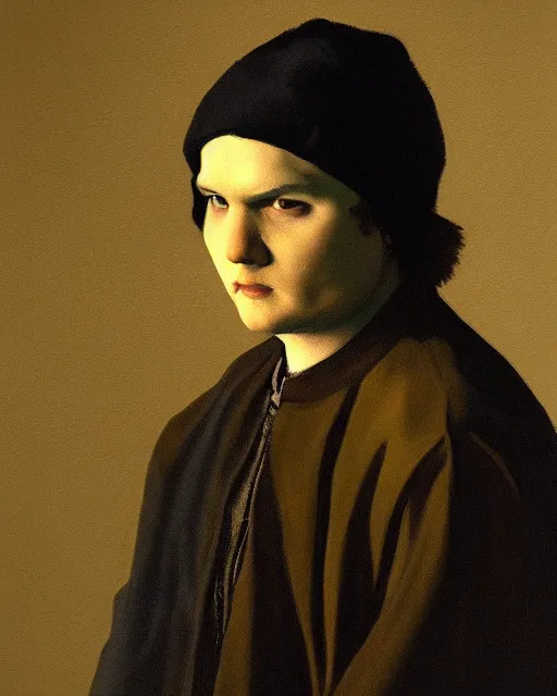 Image similar to “Detailed portrait of Gerard Way by Vermeer, moody lighting”