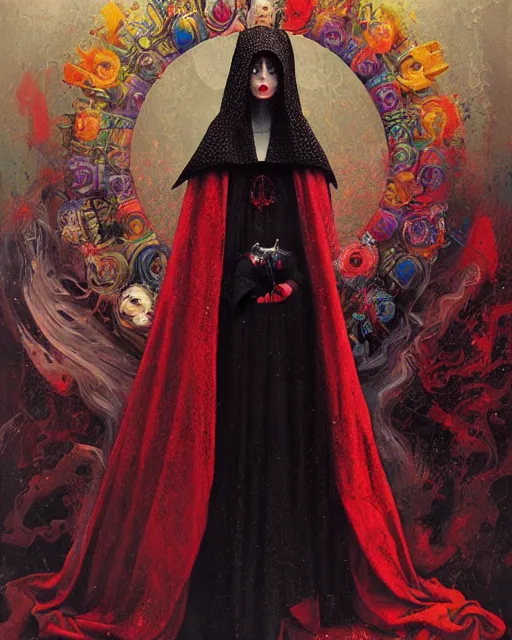 Image similar to portrait of a medieval scarlet hooded woman priestess, goth punk, floral flowers, rainbow colors, surreal, a flemish baroque by alexander mcqueen, art by john collier by greg rutkowski and craig mullins, oil on canvas