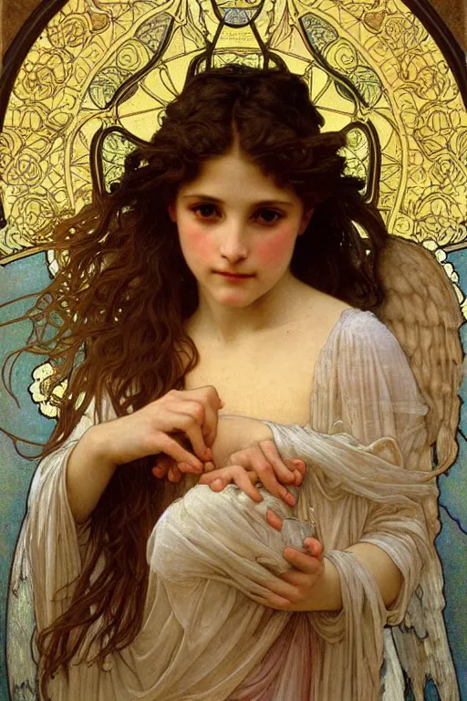 Image similar to portrait of a beautiful angel, intricate, elegant, hyperdetailed by alphonse mucha and william - adolphe bouguereau and john william waterhouse