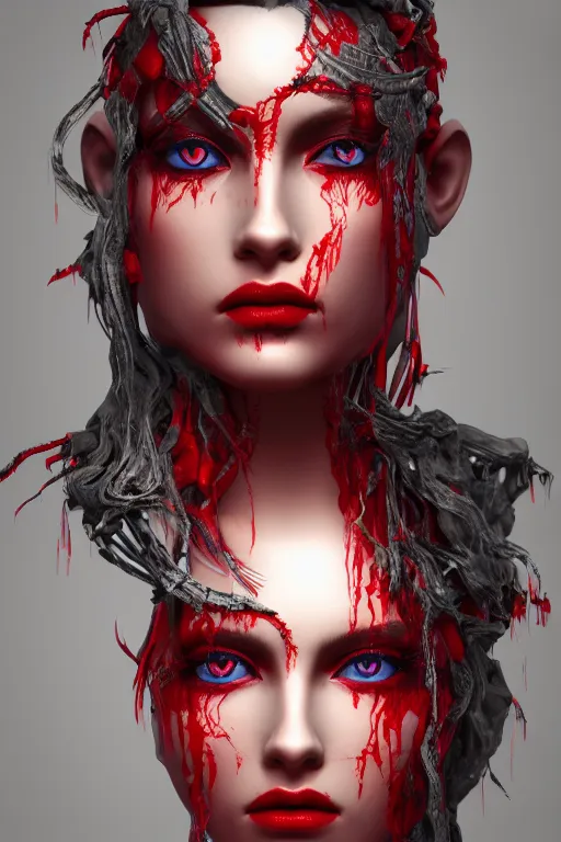 Image similar to portrait of the blood goddess, deep blue eyes, ocean waves in eyes, enigmatic beauty, dominant shades of crimson and red and black, 3 d render, digital art, oriental silver ornaments, artstation