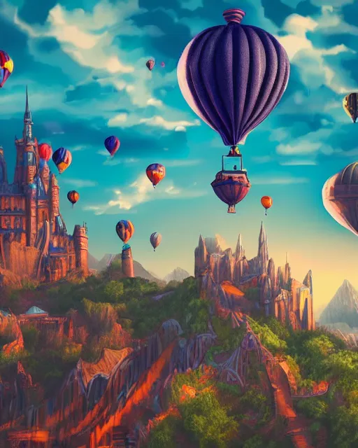 Image similar to flying cloud castle, buildings, baloons, machines, bright, blue sky, mountains, colorful, cinematic lighting, fantasy, high detail, illustration, masterpiece, artstation, 4 k, art by wylie beckert and jana schirmer