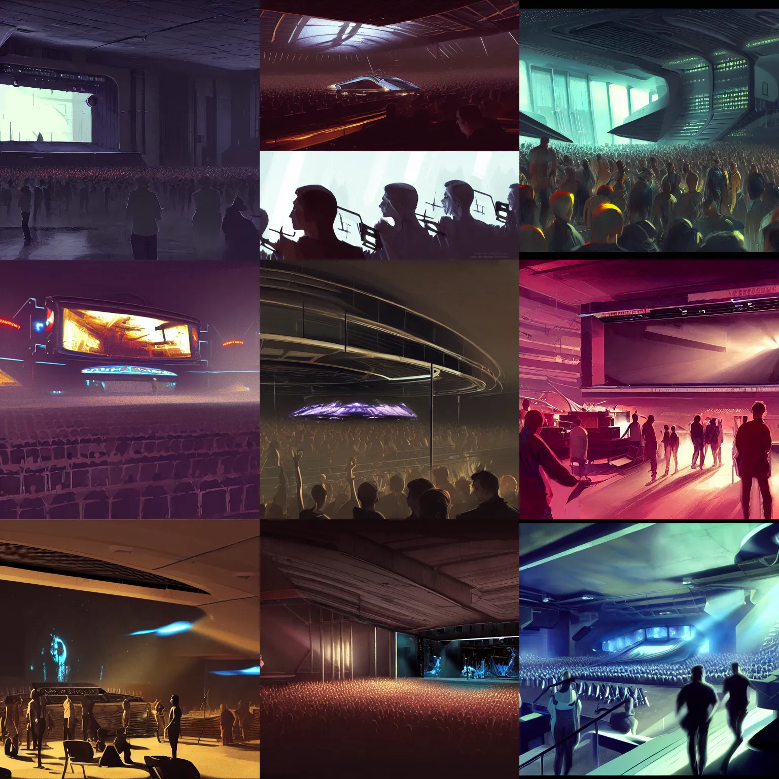 Prompt: digital render high detail concept art of a very small! dark futuristic musical venue with a large screen in front of twenty people by syd mead and craig mullins, realistic, octane render, environment, sharp focus, artstation