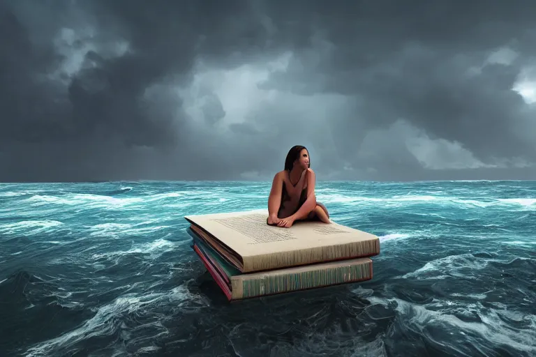 Image similar to A beautiful woman sitting on a giant open book in the middle of the ocean during a storm, dramatic lighting, cinematic, 8k HDR, highly detailed, high quality, octane render, unreal engine 5, path tracing, turbulent sea, concept art, trending on Artstation