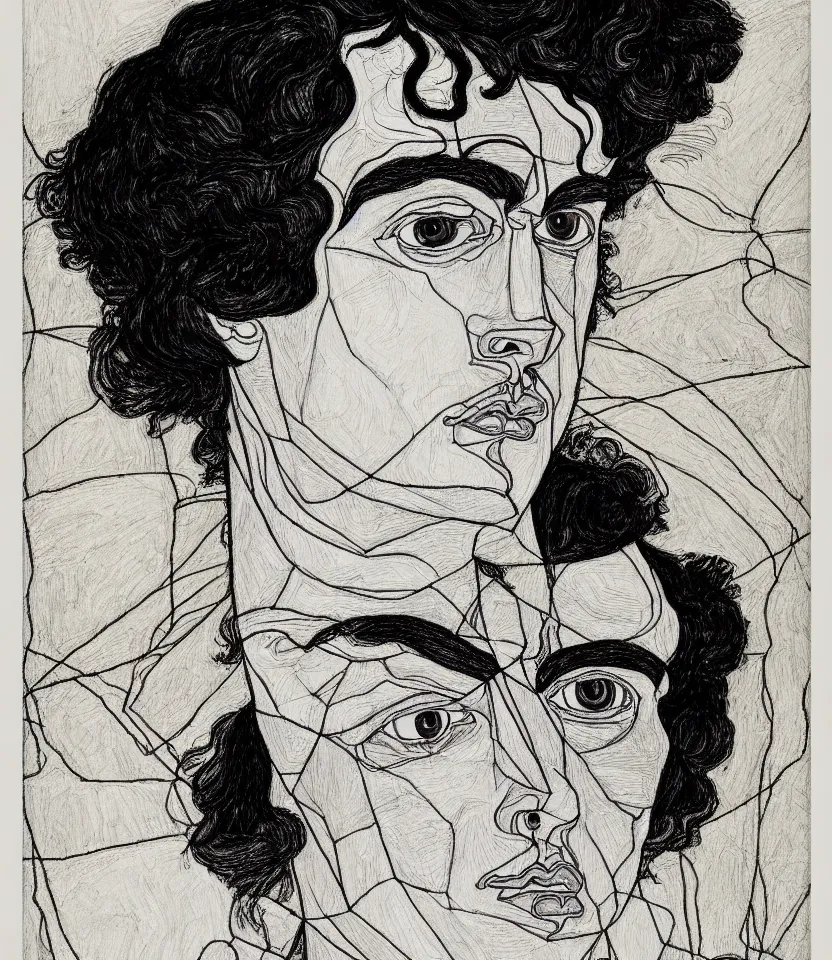 Image similar to detailed line art portrait of lord byron, inspired by egon schiele. caricatural, minimalist, bold contour lines, musicality, soft twirls curls and curves, confident personality, raw emotion