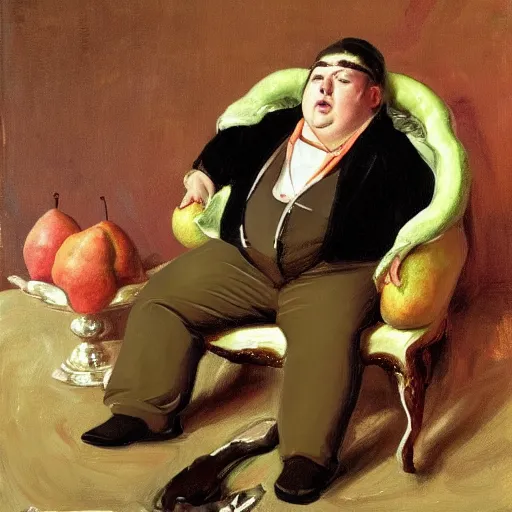 Prompt: highly detailed portrait of a grossly obese flamboyant man who is shaped like a pear artstation he is sitting down for a lavish feast of only vegtables, 8 k, sfx, john singer sargent.