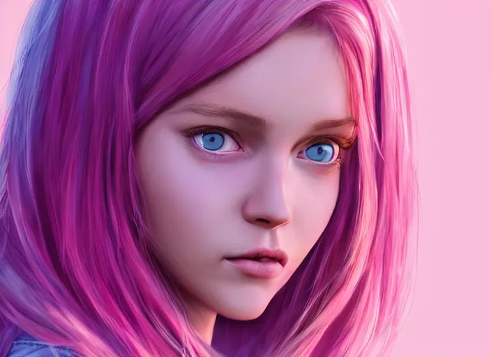 Prompt: concept art for the main character in the award winning film named life is better in pink. the character is a unnaturally beautiful teenage girl with deep dark blue eyes and long curled pink hair, wearing light pink clothes. realistic cg render, anatomically correct, high key lighting, trending on art station, vibrant colors.
