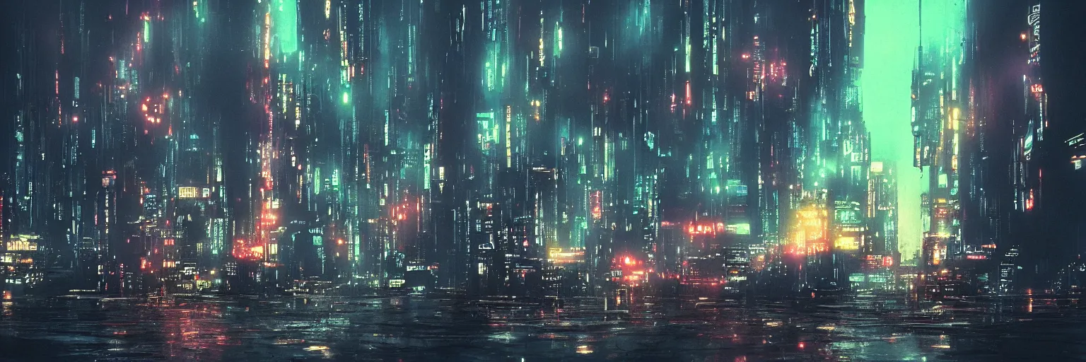 Prompt: The sky above the port was the color of television, tuned to a dead channel. In the style of Blade Runner, CyberPunk.