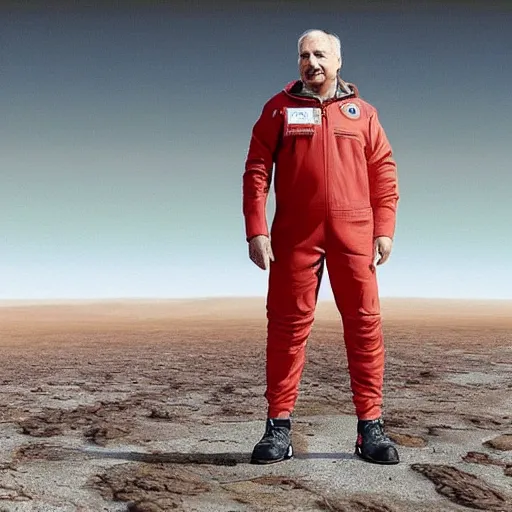 Image similar to realistic photo of alexander lukashenko standing on the surface of mars in tracksuit