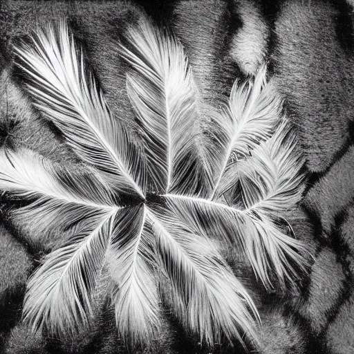 Image similar to isometric view of an hybrid ethnographic object made of feather and abstract patterns on display, ( conceptual art ), ( ready - made ), offset photography, black and white photography, nikon f 1 1