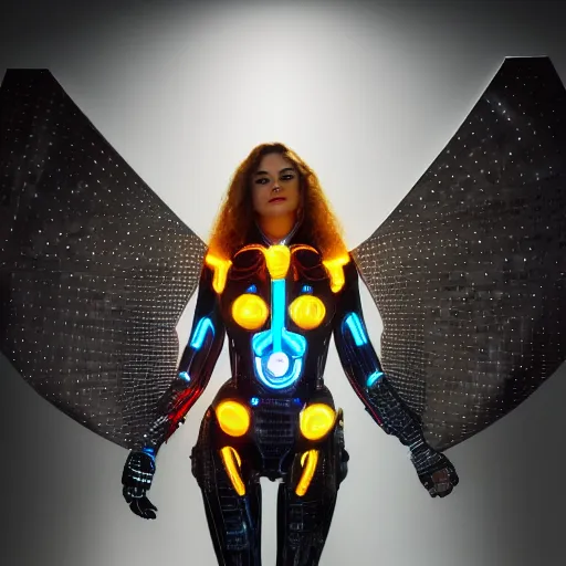 Image similar to Cyborg Woman, full-body shot of a woman with large mechanical wings, neon art style, futuristic art style, photorealistic imagery, photorealistic photos, heavily detailed, 8k quality, by Leo Avero and Eva Balloon, award-winning art