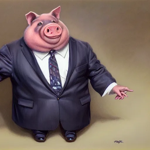 Image similar to photo portrait of an anthropomorphic fat pig wearing a suit, masterpiece, highly detailed, hyperrealistic, digital painting, by Ralph Horsley, by artgerm