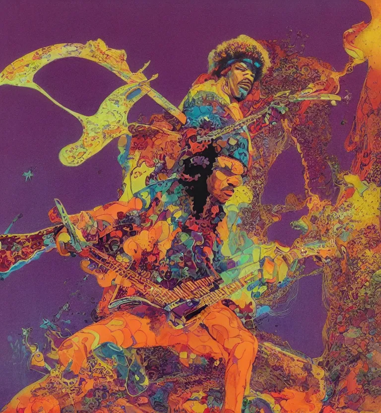 Prompt: jimi hendrix full body, colourful afrofuturist biomorphic scifi opart in background by moebius and roger dean, 8 k