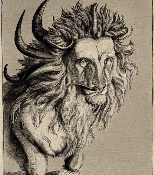 Image similar to a creature with the body and eyes of a man, with the beak of an eagle, the mane of a lion, and the horns of an ox. drawn by francis bacon