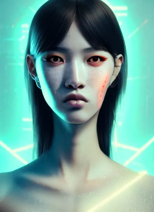 Image similar to photorealistic portrait of oriental female humanoid with freckle cheeks, cyber neon lightings, intricate, cyberpunk high fashion, elegant, crispy quality, digital photography, trending in artstation, trending in pinterest, glamor pose, no signature, no watermark, cinematic, octane render, art by artgerm, art by greg rutkowski, art by pascal blanche