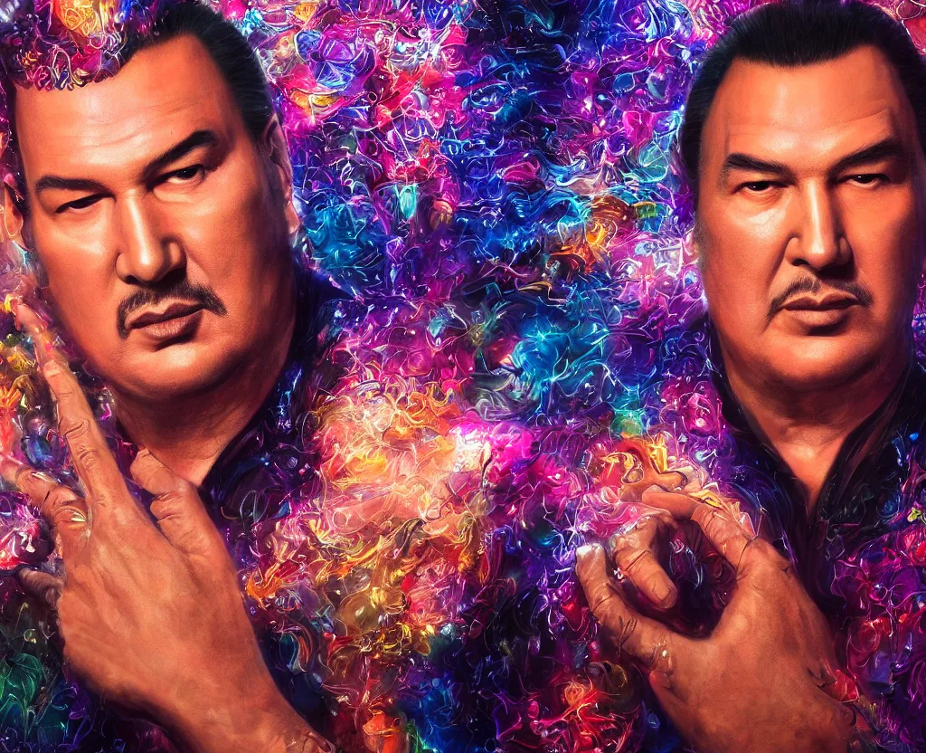 Prompt: epic portrait of Steven Seagal, bloomed lighting, angelic, futuristic, beautiful colors, slightly golden, very detailed, detailed mechanical hands, electrical details, cinematic lighting high details, 4k, 8k, trending on artstation, ultra-realism