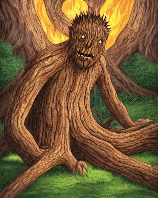 Prompt: a giant relaxed tree monster laying down in a firewood - fire, digital art, high detail